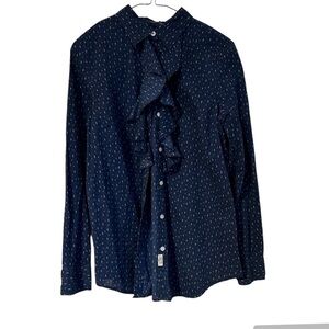 Lauren Jeans by Ralph Lauren Blouse Ruffles Cotton Navy Long Sleeves Size M